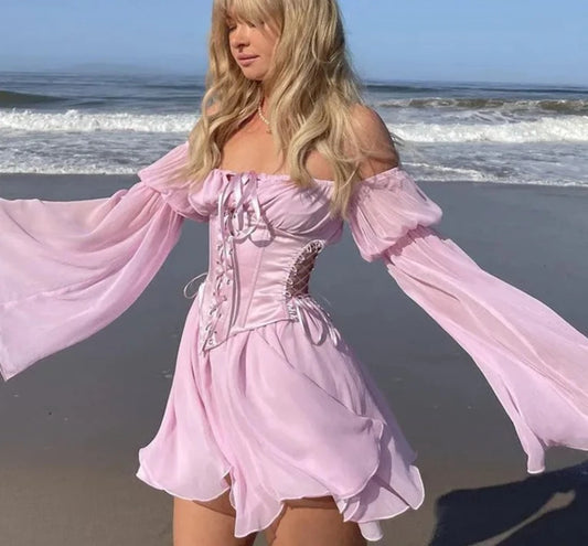 IAMHOTTY Chiffon Slash Neck Mini Dress Women Summer Beach Vacation Long Sleeve Corset Bandage Sundress Party Casual Dresses Pink