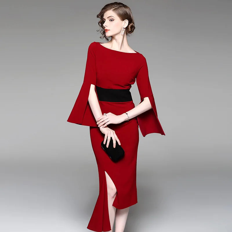 New irregular waist-tightening dresses red medium-length dress for solid slash neck flare sleevebanquet in 2023